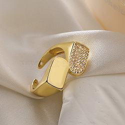 Brass Micro Pave Cubic Zirconia Cuff Rings for Women, Rectangle, Real 18K Gold Plated, 12.5mm(RJEW-P129-03G)