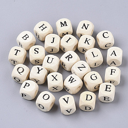 Printed Natural Wood Beads, Horizontal Hole, Cube with Initial Letter, PapayaWhip, Random Mixed Letters, 10x10x10mm, Hole: 3.5mm(X-WOOD-T026-001)