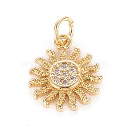 Brass Micro Pave Clear Cubic Zirconia Pendants, with Jump Ring, Sun, Real 18K Gold Plated, 15x12.7x2mm, Hole: 3mm(KK-O126-21G)