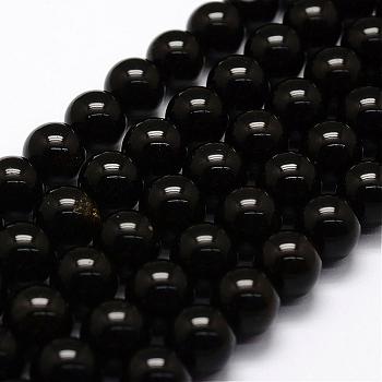 Natural Golden Sheen Obsidian Beads Strands, Round, 10mm, Hole: 1.2mm, about 42pcs/strand, 16 inch
