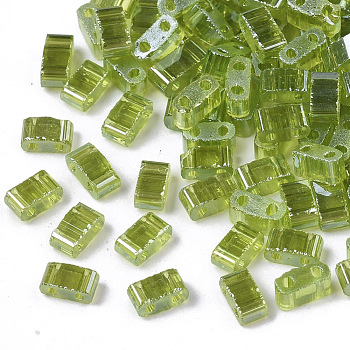 2-Hole Glass Seed Beads, Transparent Colours Luster, Rectangle, Yellow Green, 4.5~5.5x2x2~2.5mm, Hole: 0.5~0.8mm