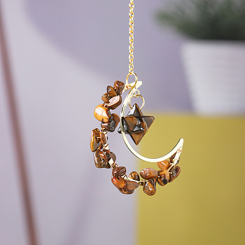 Natural Tiger Eye Chip Wire Wrapped Metal Moon Hanging Ornaments, Gemstone Merkabah Charm for Home Outdoor Decoration, 250mm