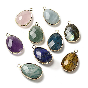 Natural Mixed Gemstone Faceted Pendents, Brass Egg Charms, Light Gold, 27.5x17~17.5x7mm, Hole: 2.5mm