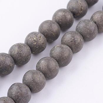 Natural Pyrite Beads Strands, Round, Frosted, 6mm, Hole: 1mm, about 62pcs/strand, 16 inch