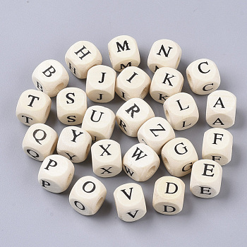 Printed Natural Wood Beads, Horizontal Hole, Cube with Initial Letter, PapayaWhip, Random Mixed Letters, 10x10x10mm, Hole: 3.5mm