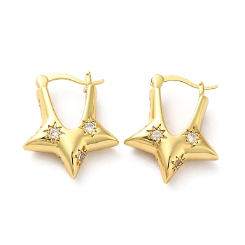 Clear Cubic Zirconia Star Hoop Earrings, Brass Jewelry for Women, Golden, 23.5x20x7mm, Pin: 0.8~1.1mm