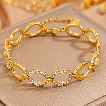 304 Stainless Steel & Crystal Rhinestone Link Chain Bracelets for Women, Heart, Golden, 6.30 inch(16cm)