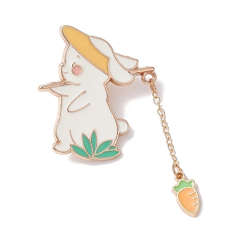 Rabbit with Carrot Dangle Enamel Pins, Light Gold Tone Alloy Brooch for Backpack Clothes, White, 53x31.5x1.5mm