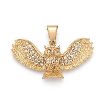 304 Stainless Steel Big Pendants, with Crystal Rhinestone, Owl, Golden, 25x52.5x10.5mm, Hole: 6.5x12mm