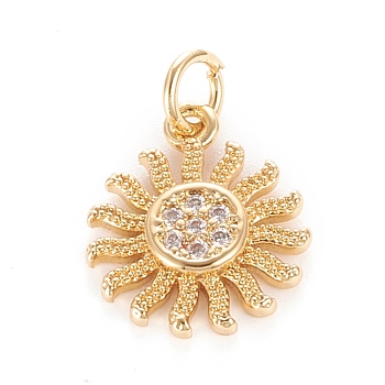 Brass Micro Pave Clear Cubic Zirconia Pendants, with Jump Ring, Sun, Real 18K Gold Plated, 15x12.7x2mm, Hole: 3mm