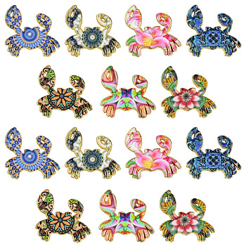 35Pcs 7 Styles Printed Alloy Pendants, Crab Charm, Light Gold, Mixed Color, 19.5x20x1.5mm, Hole: 0.6mm, 5pcs/style