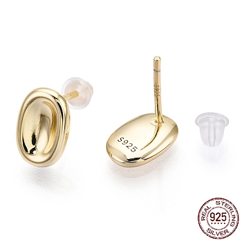 925 Sterling Silver Stud Earrings, Oval, Nickel Free, with S925 Stamp, Real 18K Gold Plated, 9.5x6.5mm, Pin: 0.8mm
