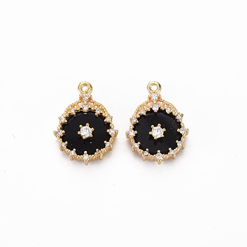 Brass Micro Pave Clear Cubic Zirconia Pendants, with Black Acrylic, Nickel Free, Flat Round, Real 18K Gold Plated, 17x12.5x4mm, Hole: 1mm