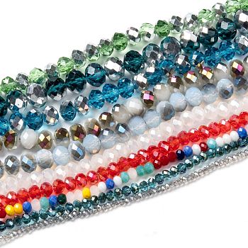 Electroplate Glass Faceted Beads Strands, Rondelle, Mixed Color, 2.5~12x1.5~8mm, Hole: 0.5~1.5mm, about 68~200pcs/strand, 13.66 inch~23 inch(34.7~58.4cm)