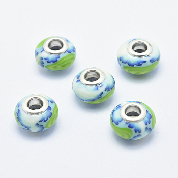 Handmade Polymer Clay European Beads, with Silver Color Plated Brass Cores, Large Hole Beads, Rondelle with Flower Pattern, Turquoise, 13~16x8~11mm, Hole: 4.5~5mm