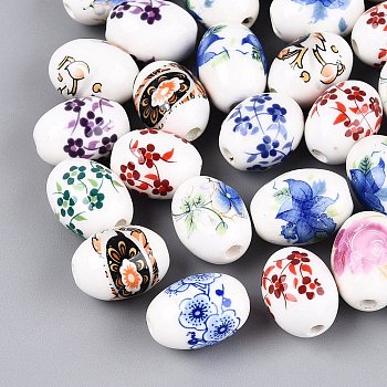 Printed Handmade Porcelain Beads, Famille Rose Porcelain, Barrel with Flower Pattern, Mixed Color, 16.5~17.5x13mm, Hole: 2.5~3mm