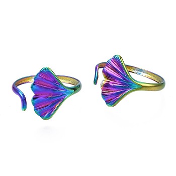 304 Stainless Steel Leaf Cuff Ring, Rainbow Color Open Ring for Women, US Size 9(18.9mm)