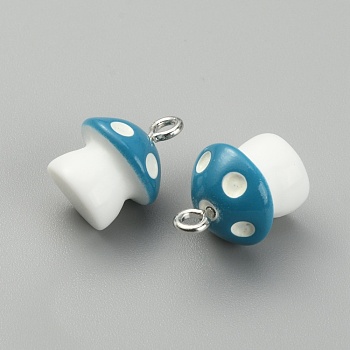 Opaque Resin Pendants, with Platinum Tone Alloy Loops, Mushroom Charm with Polka Dot Pattern, Steel Blue, 15x11mm, Hole: 2mm