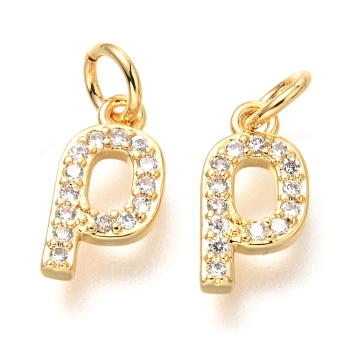 Brass Micro Pave Cubic Zirconia Charms, with Jump Rings, Greek Alphabet, Real 18k Gold Plated, Letter.R, 12x6.5x1.8mm, Jump Ring: 5x0.85mm, Hole: 3.3mm