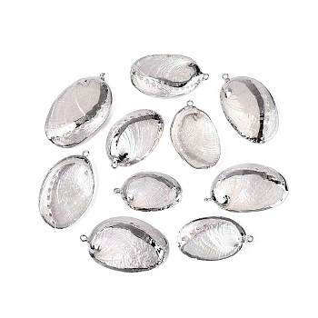 Electroplate Natural Paua Shell Pendants, Shell Shape Charms, with Iron Loops and Brass Findings, White, Platinum, 31~47x19~28x4~7mm, Hole: 1.6~1.8mm
