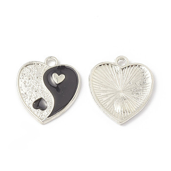Alloy Enamel Pendants, Heart with Yin Yang Charm, Platinum, Black, 17x15x1.6mm, Hole: 1.8mm