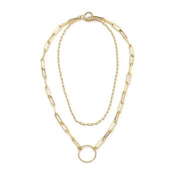 Brass Paperclip Chain Double Layer Necklaces, with 304 Stainless Steel Toggle Clasps, Ring, Golden, 13.97 inch(35.5cm)