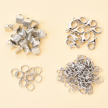 50 Pieces DIY Ribbon Ends Making Kits, Including Iron Ribbon Crimp Ends & Unsoldered Jump Rings, Zinc Alloy Lobster Claw Clasps, Brass Chain Extenders, Platinum, 6x7mm