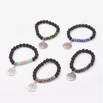 Natural & Synthetic Mixed Stone & Lava Rock Stretch Charm Bracelets, Alloy Pendant, Flat Round with Tree, Antique Silver, 2 inch(52mm)