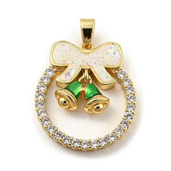 Christmas Brass Micro Pave Cubic Zirconia Pendant, with Enamel and Synthetic Opal, Christmas Wreath, Seashell Color, 25.5x22.5x5.5mm, Hole: 5x3mm