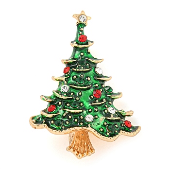 Christmas Tree Theme Zinc Alloy with Rhinestone Brooches, Enamel Pins, Golden, 44x31x6mm