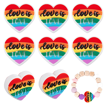 8Pcs Pride Rainbow Theme Food Grade Eco-Friendly Silicone Beads, Chewing Beads For Teethers, DIY Nursing Necklaces Making, Heart with Word Love is Love, Colorful, 25x26x7.5mm, Hole: 3mm