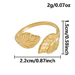 304 Stainless Steel Cuff Open Rings for Women, Leaf, Golden, 15mm, US Size 12 3/4(22mm)(OJ6266-2)