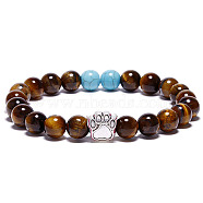 Natural Tiger Eye and Synthetic Turquoise Bead Stretch Bracelets for Women Men, Heart & Paw Print, 7-1/8 inch(18cm)(XZ2326-5)