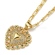 Brass Micro Pave Colorful Cubic Zirconia Peach Heart Pendant Necklaces for Women, Real 18K Gold Plated, 17.32 inch(44cm)(NJEW-Q346-01G-03)