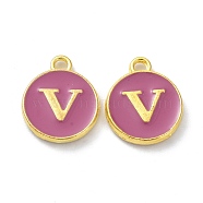 Golden Plated Alloy Enamel Charms, Cadmium Free & Lead Free, Enamelled Sequins, Flamingo, Flat Round with Letter, Letter.V, 14x12x2mm, Hole: 1.4mm(ENAM-XCP0001-13V)