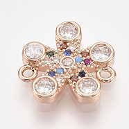 Brass Micro Pave Cubic Zirconia Links, Flower, Colorful, Rose Gold, 13.5x14x2.5mm, Hole: 1.2mm(ZIRC-T006-62RG)