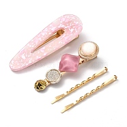 Iron Alligator Hair Clips Sets, with Cellulose Acetate(Resin), Teardrop & Flat Round and Rhombus, Golden, Hot Pink, 55~69x5~23.5x2~16mm, 4pcs/set(PHAR-P005-20B)