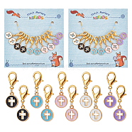 Alloy Enamel Flat Round with Cross Pendant Locking Stitch Markers,Zinc Alloy Lobster Claw Clasp Stitch Marker, Mixed Color, 3cm, 5 colors, 2pcs/color, 10pcs/set(HJEW-AB00046)