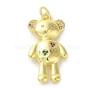 Brass Micro Pave Cubic Zirconia Pendants, Real 18K Gold Plated Bear Charms, with Jump Ring, Sea Green, 32x17x5mm, Hole: 4.2mm(KK-Z042-16G-04)