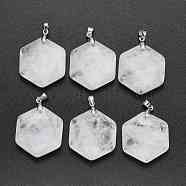 Natural Quartz Crystal Pendants, with Platinum Tone Brass Findings, Faceted, Hexagon, 28x25x9mm, Hole: 4x5mm(G-F340-03F)