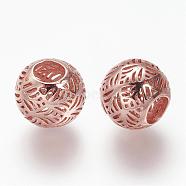 Brass European Beads, Round, Hollow, Large Hole Beads, Long-Lasting Plated, Rose Gold, 10x9mm, Hole: 4mm(KK-G289-17RG)
