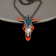 Alloy Ox Head Pendant Necklace with Stainless Steel Chains, Synthetic Turquoise Beaded Luminous Glow in the Dark Necklace, Orange Red, Pendant: 37x33mm(JN1135E)
