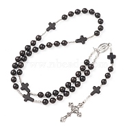 Synthetic Turquoise & Wood Rosary Bead Necklace, Alloy Cross & Virgin Mary Pendant Necklace for Religion, Black, 25.98 inch(66cm)(NJEW-JN04431-04)
