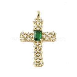 Real 18K Gold Plated Brass Micro Pave Cubic Zirconia Pendants, with Glass, Cross, Green, 38x23.5x6mm, Hole: 3.2x4.2mm(KK-A209-07B-G)