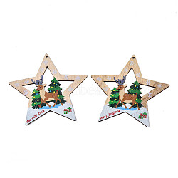 Christmas Theme Single-Sided Printed Wood Big Pendants, Star with Reindeer/Stag, Green, 105x109x2.5mm, Hole: 2.5mm(WOOD-N005-62)