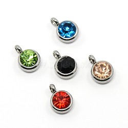 Trendy Original Color 304 Stainless Steel Grade A Rhinestone Flat Round Charm Pendants, Faceted, Stainless Steel Color, Mixed Color, 9x6.5x4mm, Hole: 2mm(RB-M030-06)