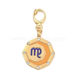 304 Stainless Steel Enamel Pendant Decoration, with Clear Cubic Zirconia, Octagon with Constellations, Golden, Virgo, 35.5mm(STAS-S168-01G-06)