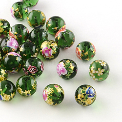 Rose Flower Pattern Printed Round Glass Beads, Mixed Color, 10x9mm, Hole: 1.5mm(GFB-R004-10mm-M15)
