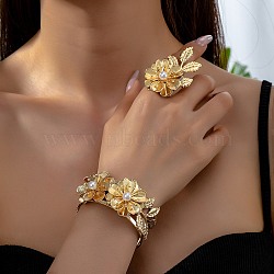 Flower Alloy Cuff Bangle & Ring Sets for Women, with Plastic Imitation Pearls, Golden, Inner Diameter: 57x59mm(SJEW-C005-04G)