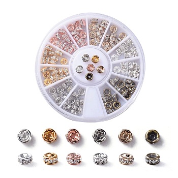 Brass Rhinestone Spacer Beads, Grade AAA, Straight Flange, Nickel Free, Mixed Metal Color, Rondelle, Crystal, 4x2mm, Hole: 1mm, 6colors, 20pcs/color, 120pcs/box